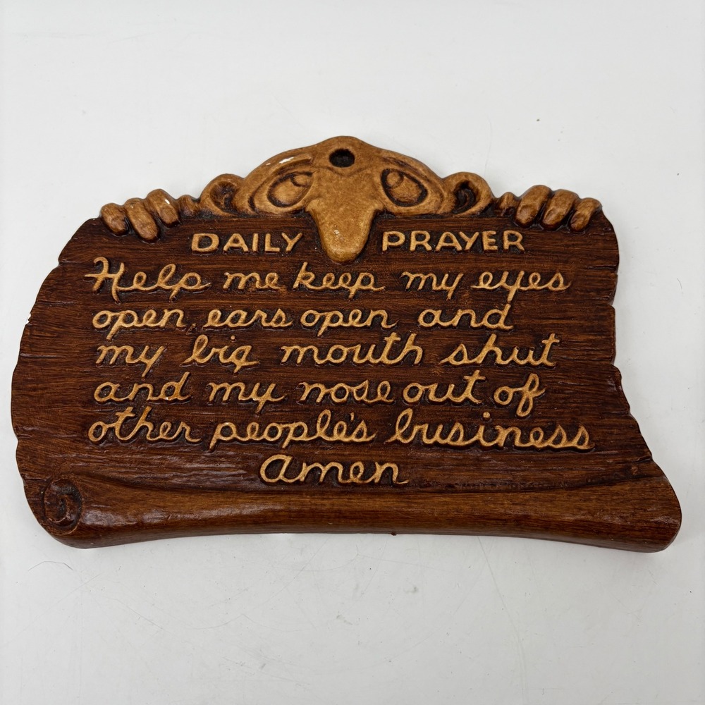 Vintage Daily Prayer Wall Plaque Humorous Faux Wood Resin Sign 8.5in